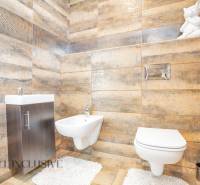 Ein Badezimmer in einem Einfamilienhaus mit Waschbecken, Toilette und einer dekorativen Figur auf einem Regal.