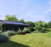 Garten bei einer 2-Zimmer-Wohnung in Myjava mit Rasen und Bäumen im Hintergrund.