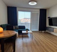 Wohnzimmer mit einem bequemen Sofa, einem Holztisch und einem Fernseher in einer 2-Zimmer-Wohnung.