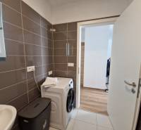 Badezimmer mit Spiegel, Waschbecken, Waschmaschine und Wäschekorb in einer 2-Zimmer-Wohnung.