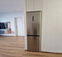 In der 2-Zimmer-Wohnung sieht man den Küchenbereich mit Kühlschrank und den Wohnbereich mit Fernseher.