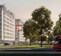 Gebäude in der Labutia-Straße, Bratislava V, mit Grünflächen und einer Straßenbahn im Vordergrund.