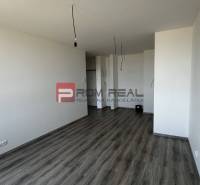 Ein leeres Wohnzimmer in einer Zweizimmerwohnung mit Laminatboden und nackten Wänden.