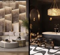 Luxuriöses Interieur im Rahmen des Wohnungsbaus mit eleganter Beleuchtung und stilvoller Badewanne.