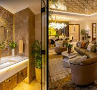 Luxuriöses Badezimmer und Wohnzimmer im Bau von Wohnungen mit elegantem Design und Accessoires.