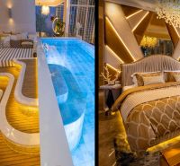 Luxuriöses Schlafzimmer und Terrasse mit Pool im Bau von Wohnungen.