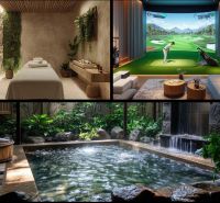 Wellnessraum, Golfsimulator und Jacuzzi im Rahmen des Wohnungsbaus.