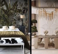 Luxuriöses Interieur mit Design-Dekoration im Rahmen des Wohnungsbaus, das natürliche Motive kombiniert.