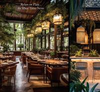 Luxuriöses Restaurantinterieur mit Holztischen, Stühlen und Pflanzen. Wohnungsbau.