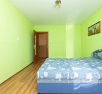 Schlafzimmer in einer 2-Zimmer-Wohnung mit Bett und hellgrünen Wänden.