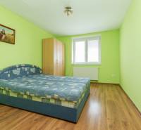 Schlafzimmer mit grünen Wänden, einem Doppelbett und Holzboden in einer 2-Zimmer-Wohnung.