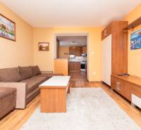 Wohnzimmer in einer 2-Zimmer-Wohnung mit einem bequemen Sofa, Holzmöbeln und Dekorationen.