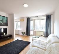 Helles Wohnzimmer mit weißem Sofa, schwarzem Teppich und großen Fenstern in einer Zweizimmerwohnung.