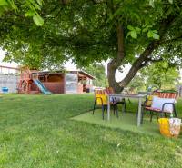 Der Garten des Einfamilienhauses in Ploské mit einem Spielplatz und einer Außensitzgelegenheit unter einem Baum.