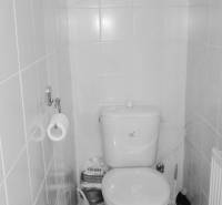 Toilette in einer 2-Zimmer-Wohnung mit gefliesten Wänden und grundlegender Ausstattung.