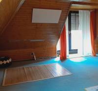 Ein Dachgeschosszimmer eines Einfamilienhauses mit Holzverkleidung und Dachfenster.
