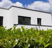 Villa in Hainburg an der Donau mit weißer Fassade, umgeben von Grün unter blauem Himmel.