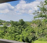 Blick von der Villa auf das Grün und die Häuser in Hainburg an der Donau.