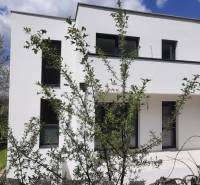 Eine Villa in Hainburg an der Donau mit minimalistischer Fassade und von viel Grün umgeben.