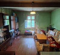 Wohnzimmer in der Hütte mit Sofa, Couchtisch und Retro-Fernseher.