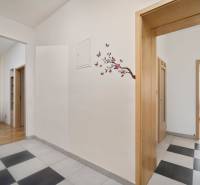 Eingangshalle in einer 3-Zimmer-Wohnung mit Blumendekoration an der Wand und Holztüren.