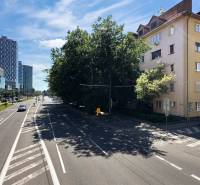 Straßen und Gebäude in der Karadžičova-Straße in Bratislava - Altstadt, umgeben von Grünflächen.
