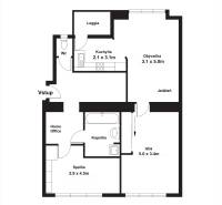 Der Grundriss zeigt die Aufteilung einer 3-Zimmer-Wohnung mit Küche, Badezimmer und Loggia.
