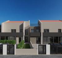 Villa in Poreč mit moderner Architektur, vor der sich ein Parkplatz und Grünflächen befinden.