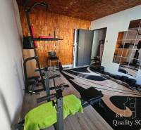 Ein Fitnessraum im Einfamilienhaus mit Geräten, Spiegeln und Hanteln auf dem Teppich.