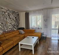 Obývačka in einem Einfamilienhaus mit einem großen Sofa, Kunst an der Wand und einem Tisch.