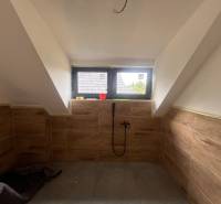 Ein Badezimmer im Dachgeschoss einer Hütte mit Holzverkleidung und Dachfenster.