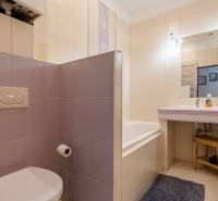 Badezimmer mit Dusche und Toilette in einer 2-Zimmer-Wohnung. Beige und lila Fliesen.