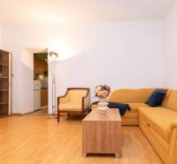 Wohnzimmer in einer Einzimmerwohnung mit gelbem Sofa und Holztisch.