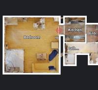 Grundriss einer Einzimmerwohnung mit Anordnung von Schlafzimmer, Küche und Badezimmer.