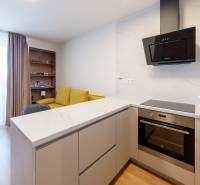 Küchenbereich in einem Studio-Apartment mit modernen Geräten, gelbem Sofa und Vorhängen.