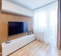 Einzimmerwohnung mit hellen Vorhängen, Holzverkleidung und einem Fernseher an der Wand.