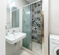 Badezimmer in einem Studio-Apartment mit Duschkabine, Waschmaschine und Waschbecken, geeignet zum Wohnen.