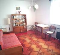 Obývacia izba v rodinnom dome so sedacou súpravou a knihovničkou.