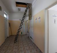 Innenraum von Geschäftsräumen mit einer Leiter, die zum Dachboden führt, und einem Büro auf der rechten Seite.