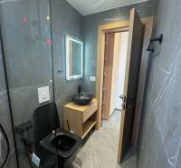 Ein Badezimmer in einer Ferienwohnung mit schwarzen Sanitäreinrichtungen und Holzmöbeln.
