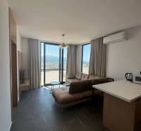 Wohnzimmer in einer Ferienwohnung mit großen Fenstern, Sofa und Küchenzeile.