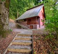 Eine Hütte im Wald bei Ružiná, umgeben von Bäumen, Treppen führen zur Terrasse.
