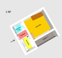 Grundriss der Hütte: Küche, Diele, Wohnzimmer, Badezimmer mit WC, Loggia.