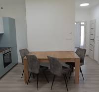 Küche und Esszimmer mit einem Holztisch und vier Stühlen in einer 2-Zimmer-Wohnung.