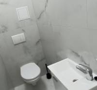 Toilette mit Waschbecken und Marmorstegen in einer 2-Zimmer-Wohnung.