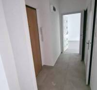 Der Flur, der zu den Zimmern in einer 2-Zimmer-Wohnung mit weißen Wänden und Türen führt.