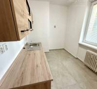 Küche mit Holzküchenzeile in einer 2-Zimmer-Wohnung, sichtbar sind auch der Heizkörper und das Fenster.