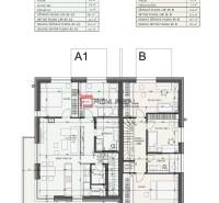 Grundriss der 1. Etage einer 3-Zimmer-Wohnung in Dubová, der die Anordnung der Räume und Flächen darstellt.