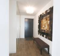 Flur in einer 3-Zimmer-Wohnung mit Holzboden und eleganter Beleuchtung.