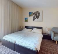 Helles Schlafzimmer in einer 2-Zimmer-Wohnung mit Bett, Sofa und Balkon.